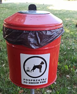 Na zdjęciu pokazano czerwony pojemnik przeznaczony do deponowania odchodów zwierząt wyprowadzanych na spacery