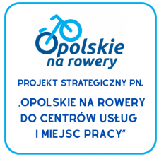Grafika z napisem „Opolskie na rowery” – stylizowany rower w odcieniach niebieskiego oraz napis „Opolskie na rowery”. Poniżej tekst: „Projekt strategiczny pn. ‘Opolskie na rowery do centrów usług i miejsc pracy’”.