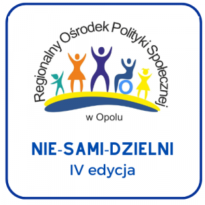 Logo Regionalnego Ośrodka Polityki Społecznej w Opolu z kolorowymi postaciami ludzi oraz napis „Nie-Sami-Dzielni – IV edycja”.