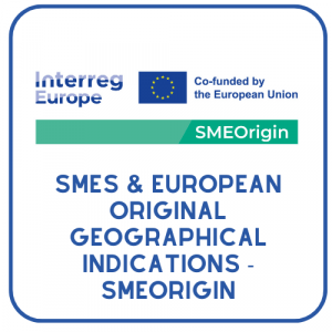 Logo projektu SMEOrigin współfinansowanego przez Unię Europejską, realizowanego w ramach programu Interreg Europe. Napis: „SMEs & European Original Geographical Indications – SMEOrigin”.