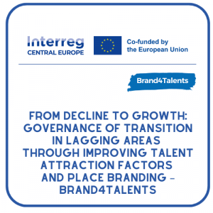 Logo projektu Brand4Talents współfinansowanego przez Unię Europejską, realizowanego w ramach programu Interreg Central Europe. Napis: „FROM DECLINE TO GROWTH: GOVERNANCE OF TRANSITION IN LAGGING AREAS THROUGH IMPROVING TALENT ATTRACTION FACTORS AND PLACE BRANDING – BRAND4TALENTS”