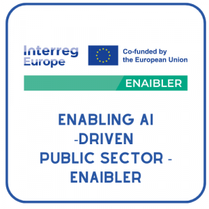 Logo projektu ENAIBLER współfinansowanego przez Unię Europejską, realizowanego w ramach programu Interreg Europe. Napis: „ENABLING AI-DRIVEN PUBLIC SECTOR – ENAIBLER”.