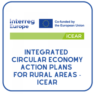 Logo projektu iCEAR współfinansowanego przez Unię Europejską, realizowanego w ramach programu Interreg Europe. Napis: „INTEGRATED CIRCULAR ECONOMY ACTION PLANS FOR RURAL AREAS – iCEAR”.