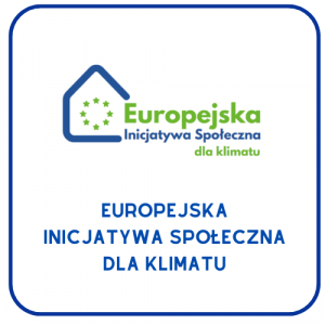 Logo projektu Europejska Inicjatywa Społeczna dla klimatu z symbolem domu i gwiazd oraz napisem „Europejska Inicjatywa Społeczna dla klimatu”. Napis: „Europejska Inicjatywa Społeczna dla klimatu”.
