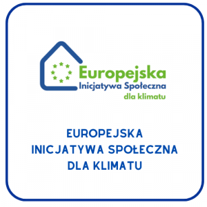 Logo projektu Europejska Inicjatywa Społeczna dla klimatu z symbolem domu i gwiazd oraz napisem „Europejska Inicjatywa Społeczna dla klimatu”. Napis: „Europejska Inicjatywa Społeczna dla klimatu”.