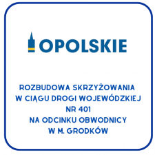 Grafika z logotypem Województwa Opolskiego i nazwą przedsięwzięcia „Rozbudowa skrzyżowania w ciągu drogi wojewódzkiej nr 401 na odcinku obwodnicy w miejscowości Grodków”.